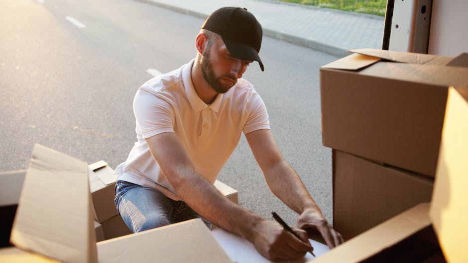 A man with dark skin and curly black hair, dressed in a teal shirt and black trousers, is crouching on the wooden floor inside a property during a home relocation process. He is holding a clipboard in