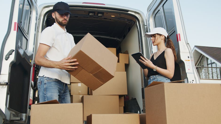 A man wearing a black cap, white shirt, and jeans stands inside the open back of a moving van, holding a cardboard box. The van is filled with various packed cardboard boxes of different sizes, stacked neatly to maximise space for a home relocation. The interior of the van shows a wooden floor and metal walls, with some boxes placed on the floor and others stacked against the sides. Outside, a driveway or street scene is partially visible, with part of a residential building and some greenery in the background, indicating an urban or suburban setting. The lighting is natural, suggesting daytime. The scene captures the loading process involved in furniture transport and packing during a professional removals service, as provided by Man and Van Ilford, emphasizing careful handling and efficient packing for house moves.