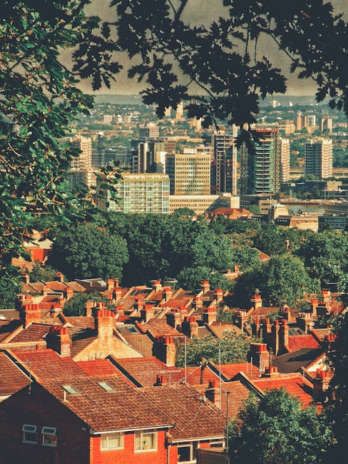 A panoramic view of a densely populated residential area with rows of red-brick houses featuring tiled roofs and chimney stacks, set amidst lush green trees. In the background, there is a modern cityscape with numerous high-rise office buildings and apartment blocks. The image appears to be taken from an elevated position, possibly from a window or balcony, with tree branches and leaves partially framing the upper part of the scene. The lighting suggests a clear day with natural daylight illuminating the rooftops and city skyline, emphasizing the contrast between the traditional housing and contemporary urban development. This setting is relevant to house removals and relocation services, illustrating the typical environment involved in property moving logistics in an urban area.